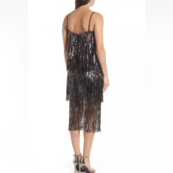 Dress the Population Roxy Iridescent Black Fringe Midi Flapper 1920s NWT Size S - Picture 2 of 12